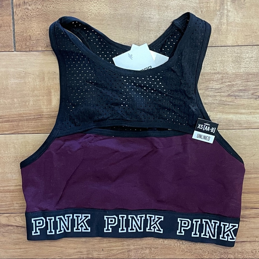 NWT Victoria’s Secret PINK Unlined Crop Sports Bra Maroon Black XS 30 32 AA A B